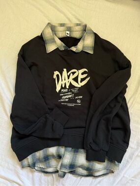 NEW Black 'DARE' Graphic Sweatshirt with Layered Green Plaid Shirt